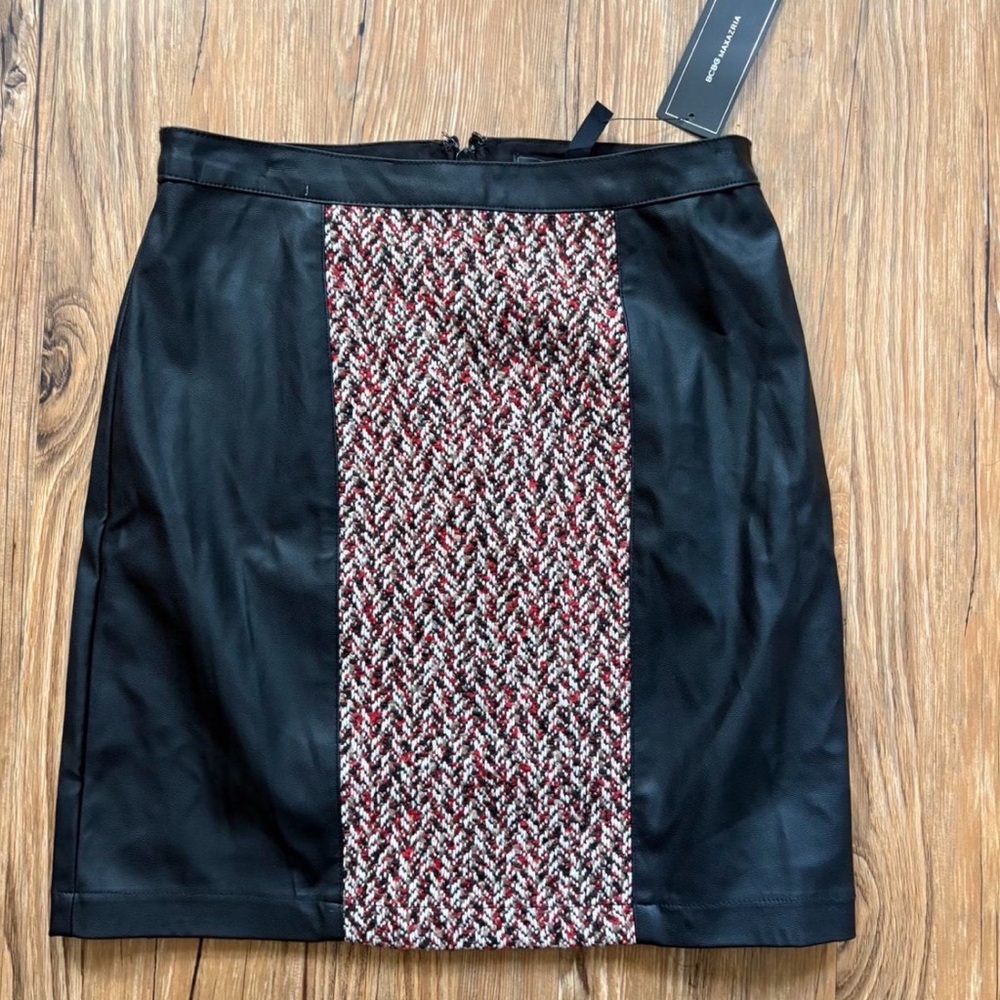 BCBGMaxAzria Black Faux Leather Mini Skirt with Red Tweed Panel